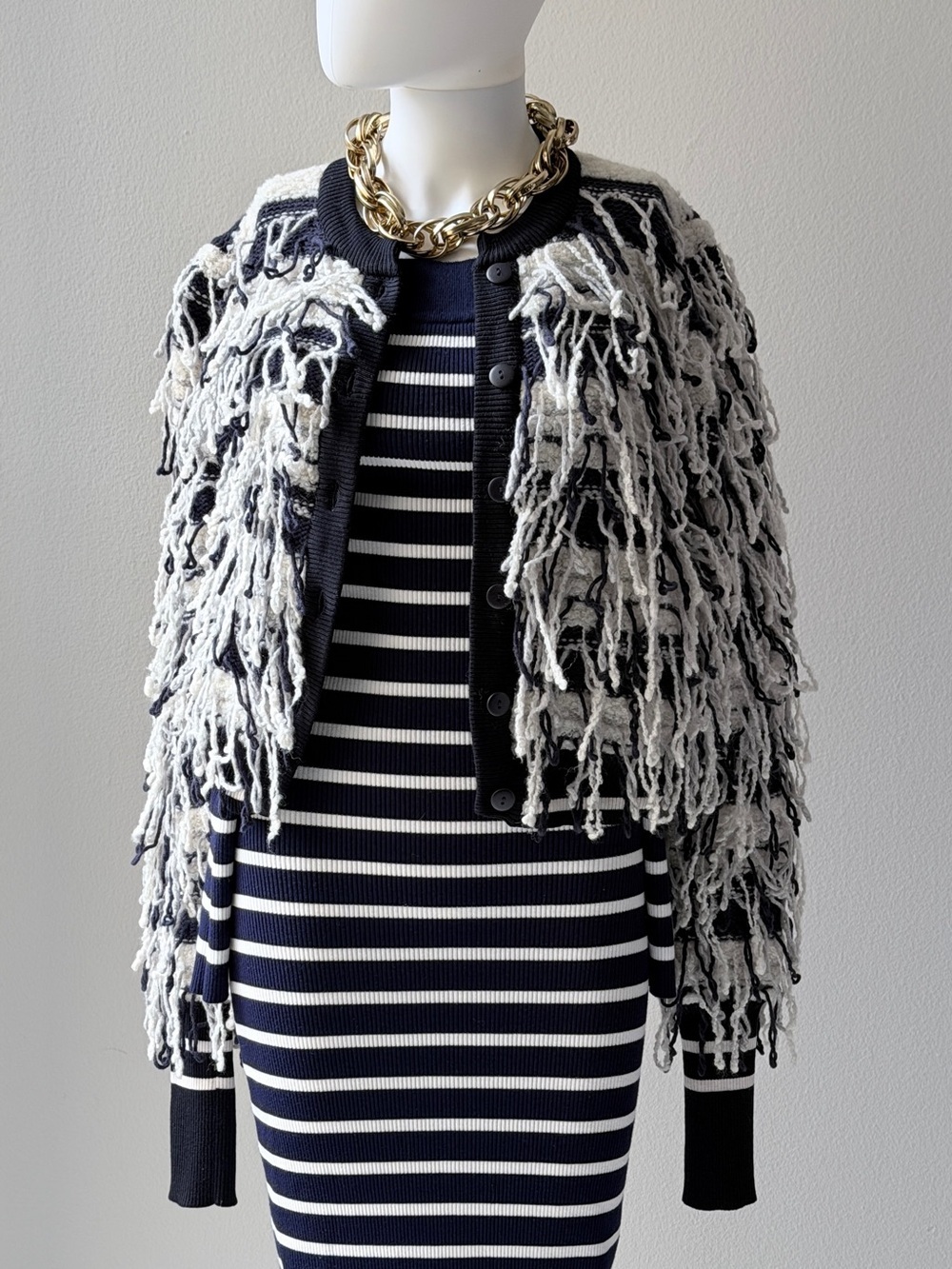 Hilfiger Collection Women's Black and White Fringe Knit Cardigan Sweater